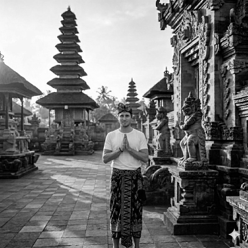 Luca De Coney at a Balinese temple, hands pressed together in greeting.