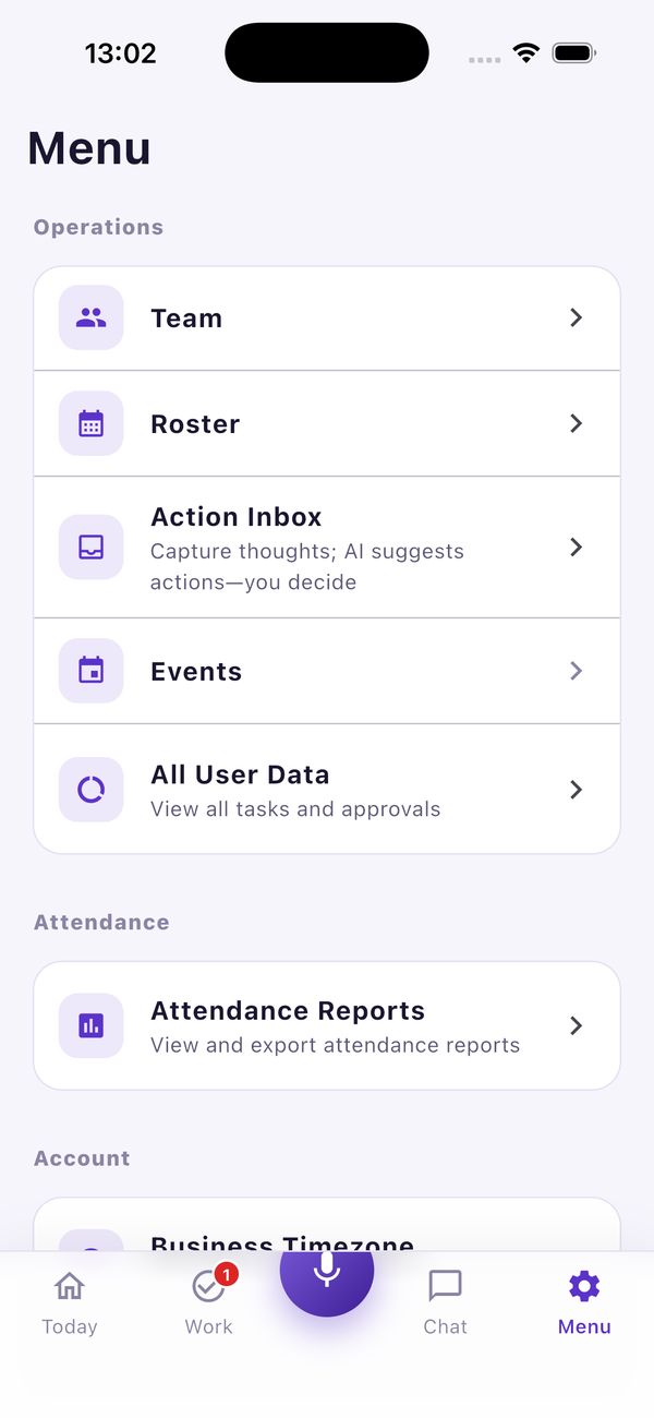 AlirKonek: Menu screen listing Team, Roster, Action Inbox, Events, All User Data and Attendance Reports