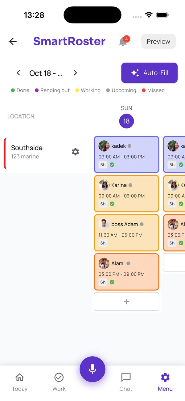 AlirKonek: SmartRoster weekly roster grid with colour-coded shifts by location and an Auto-Fill button