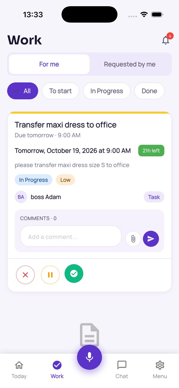 AlirKonek: Work screen showing the task 'Transfer maxi dress to office' with due time, status, assignee and a comments box