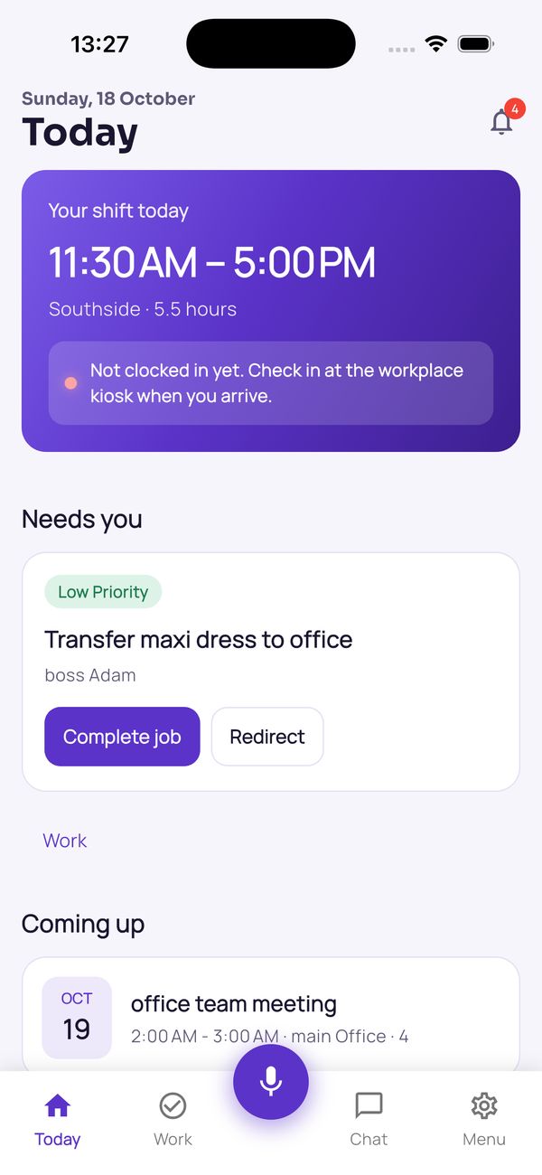 AlirKonek: Today screen with today's shift card (11:30 AM to 5:00 PM), a 'Needs you' task, 'Transfer maxi dress to office', and Coming up events