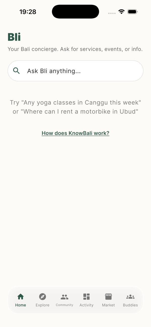KnowBali app: Bli assistant screen with an "Ask Bli anything" search box and example questions
