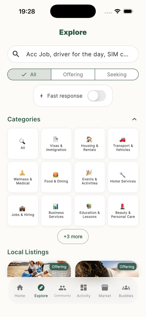KnowBali app: Explore screen with a search bar, service categories and local listings