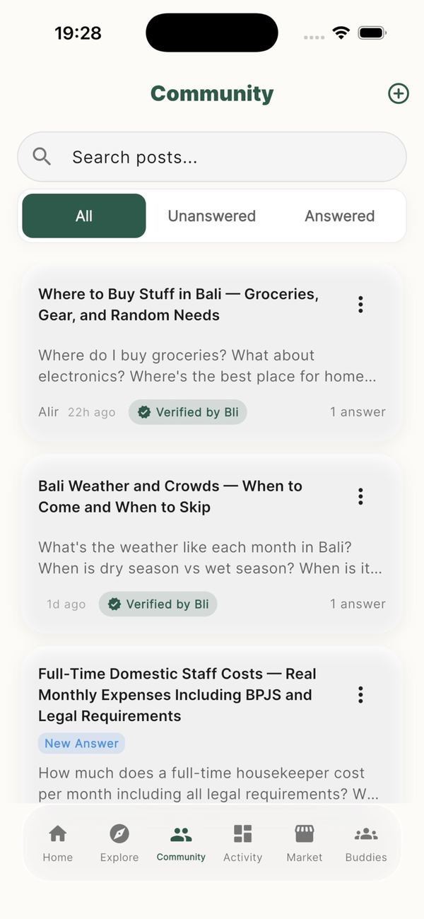 KnowBali app: Community screen listing questions and answers about life in Bali