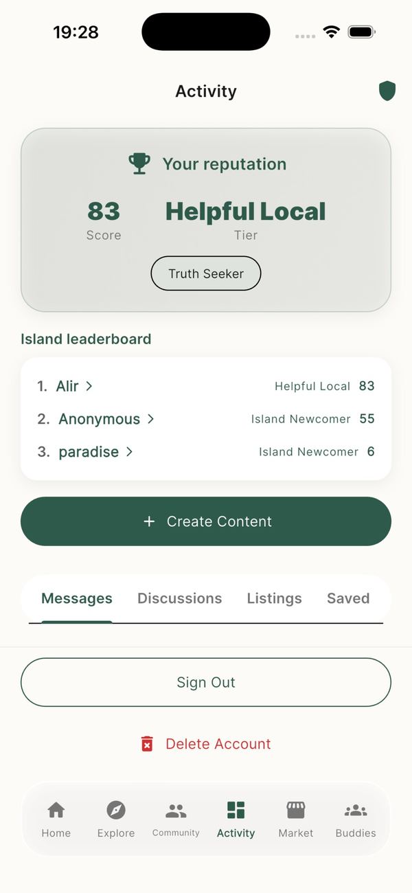 KnowBali app: Activity screen with a reputation score, an island leaderboard and a Create Content button