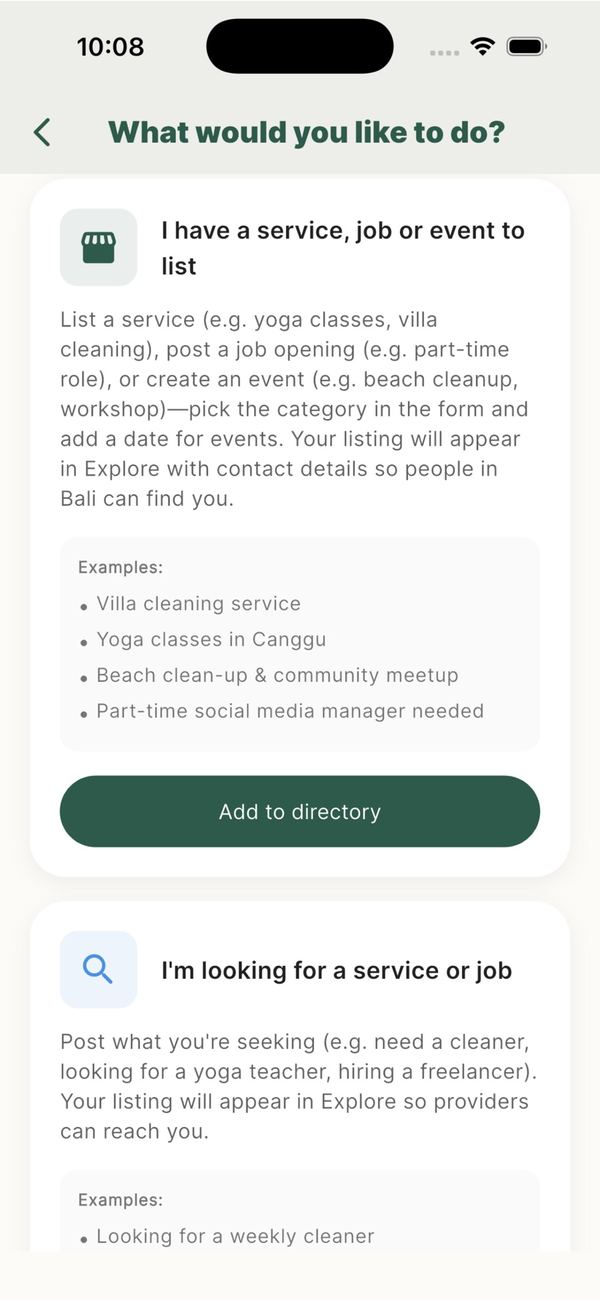 KnowBali app: "What would you like to do?" screen with options to list a service or look for one