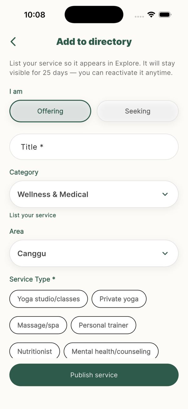 KnowBali app: Add to directory form with offering or seeking, category, area and service type