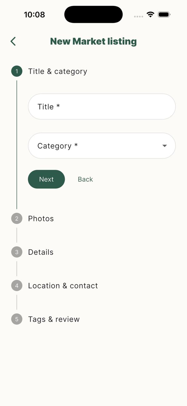 KnowBali app: New Market listing form, step one of five