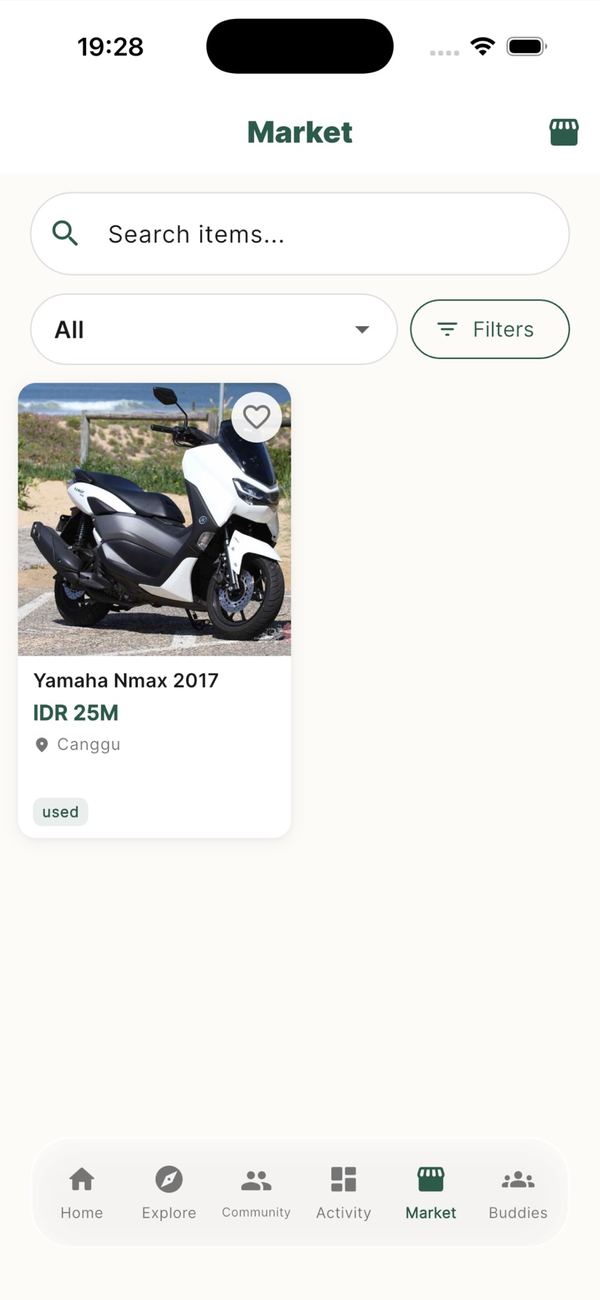 KnowBali app: Market screen with a search bar, filters and a motorbike listing