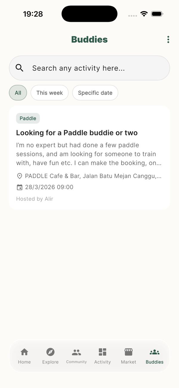 KnowBali app: Buddies screen with a post looking for a paddle buddy