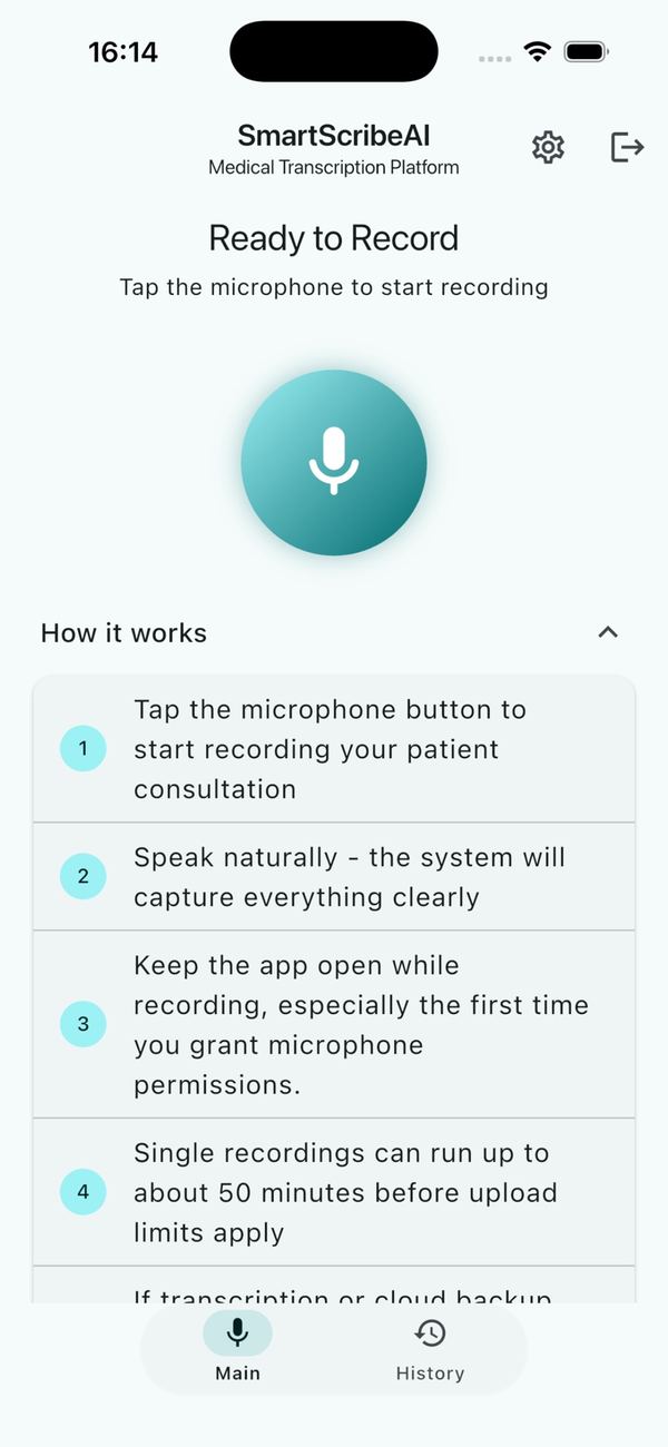 SmartScribeAI app: Ready to Record screen with a microphone button and how-it-works steps