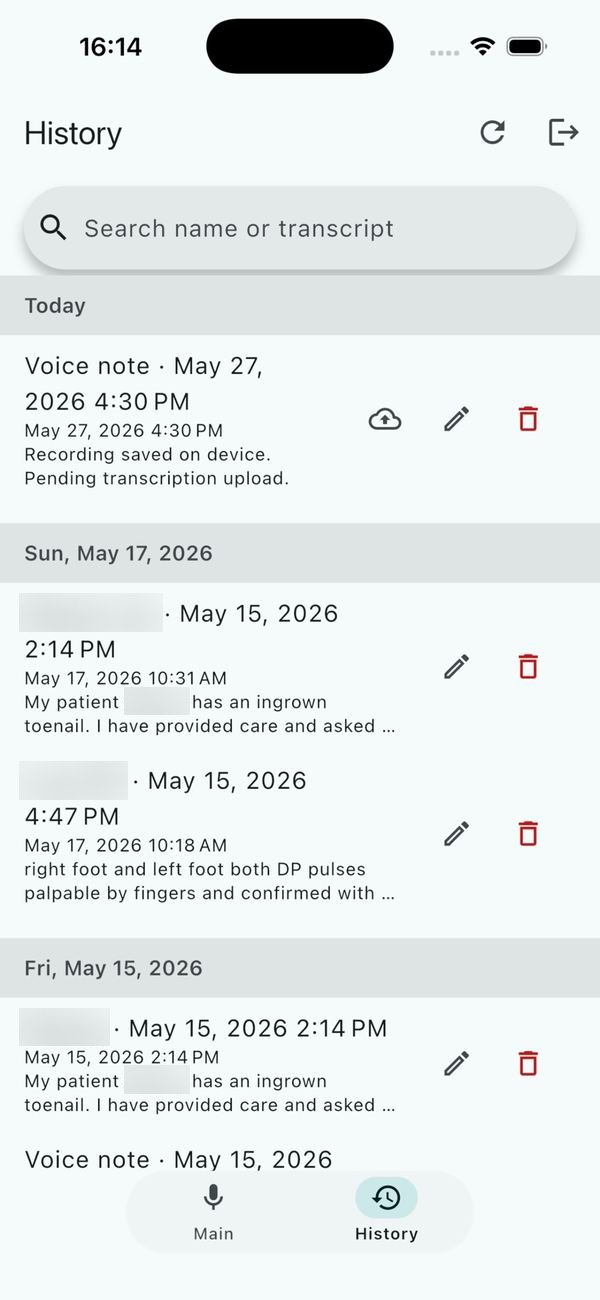 SmartScribeAI app: History screen listing recorded voice notes by date