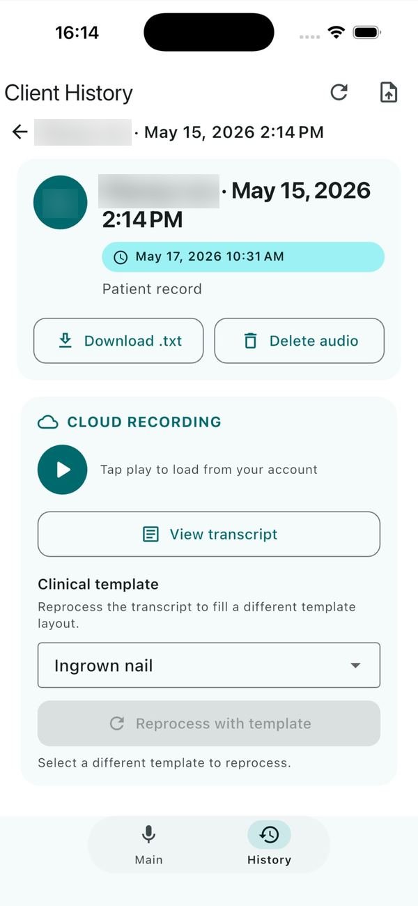 SmartScribeAI app: client history record with cloud recording, a transcript button and a clinical template picker