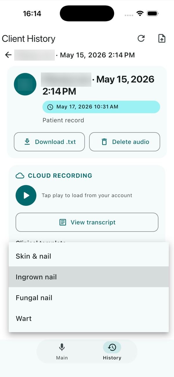 SmartScribeAI app: clinical template menu with skin and nail, ingrown nail, fungal nail and wart options