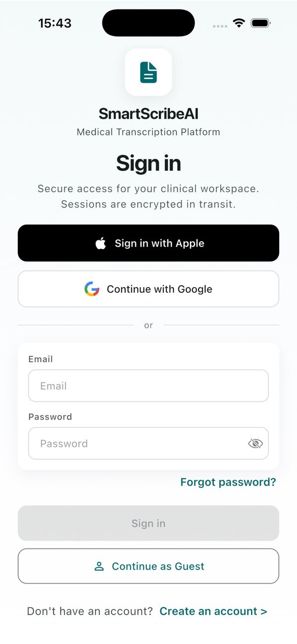 SmartScribeAI app: sign-in screen with Apple, Google, email and guest options
