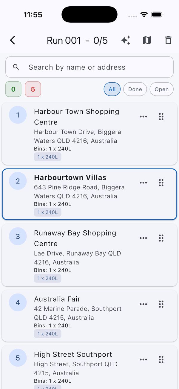 WRS Fleet app: run list of five numbered stops with addresses