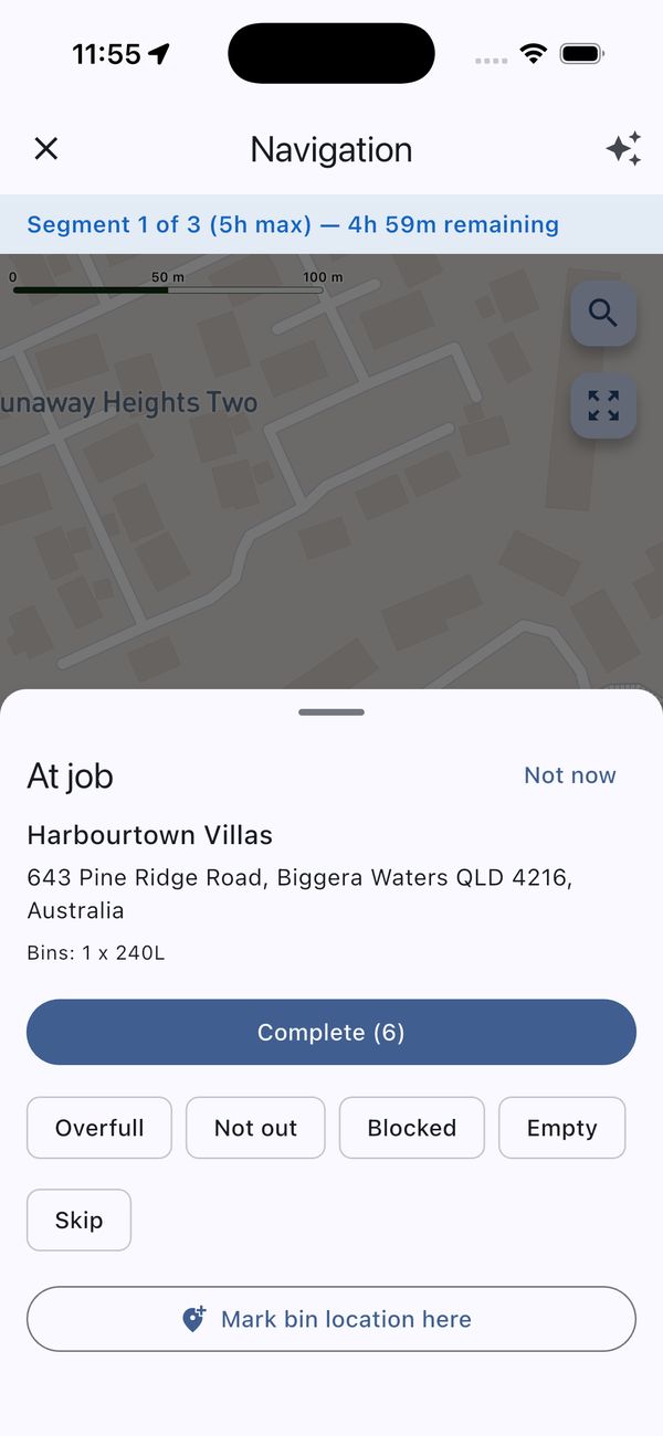 WRS Fleet app: navigation screen with an At job panel and status buttons