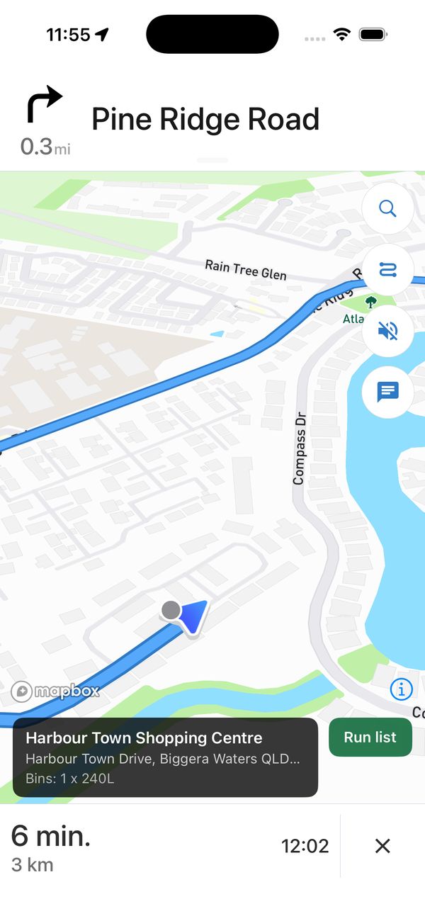 WRS Fleet app: turn-by-turn navigation map with a Run list button