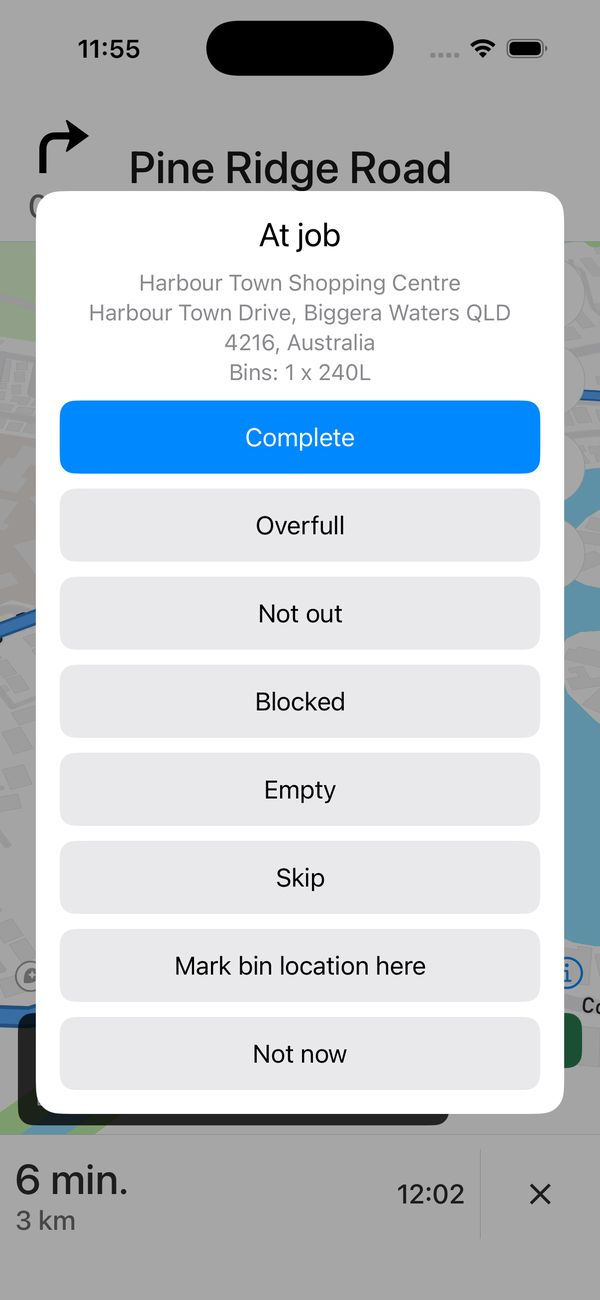 WRS Fleet app: At job dialog with Complete, Overfull, Not out, Blocked, Empty, Skip and other actions