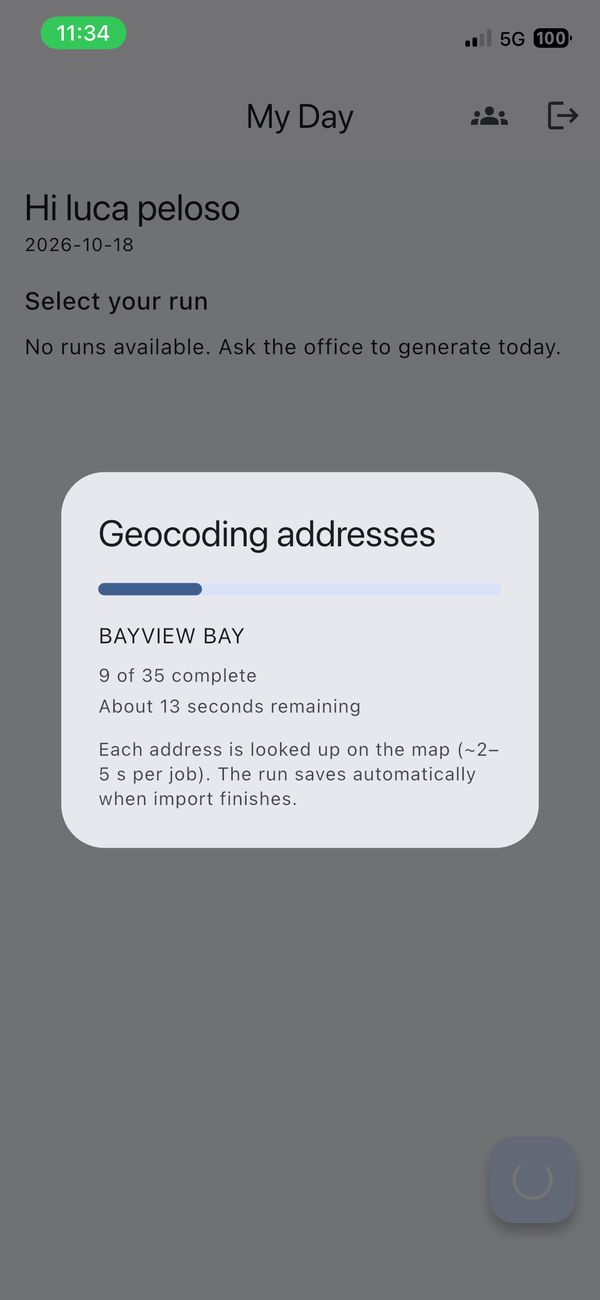 WRS Fleet app: My Day screen showing progress geocoding addresses for a run