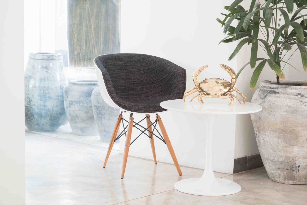 Black chair and white side table in a bright room with large pots