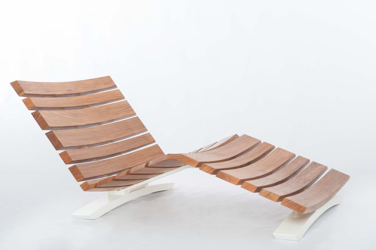 Timber slatted lounge chair on a white base