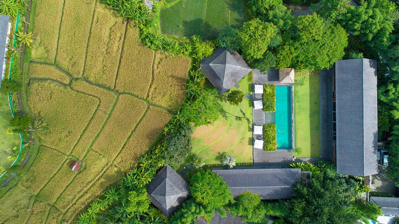Aerial drone view of a villa with thatched roofs beside green rice fields