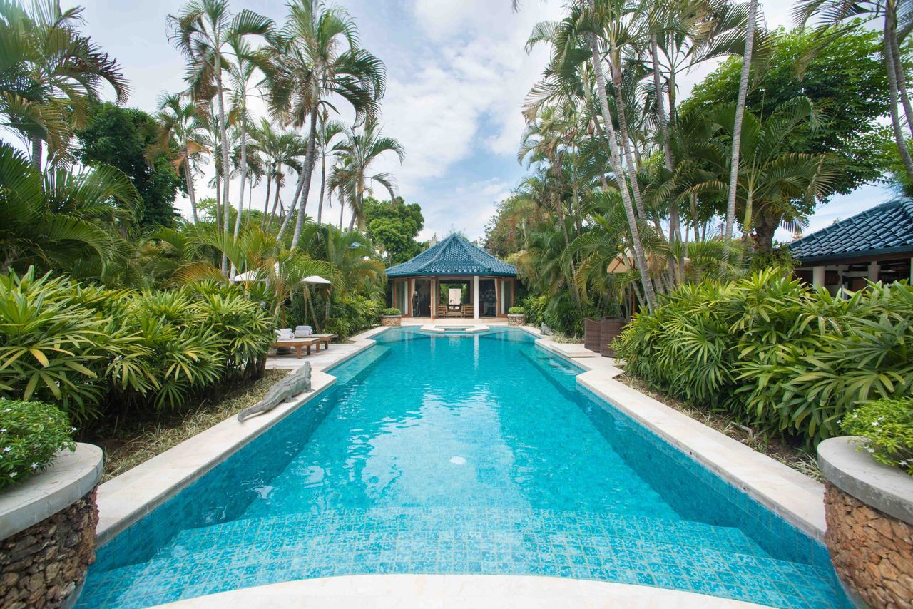 Resort-style swimming pool lined with palm trees and tropical gardens